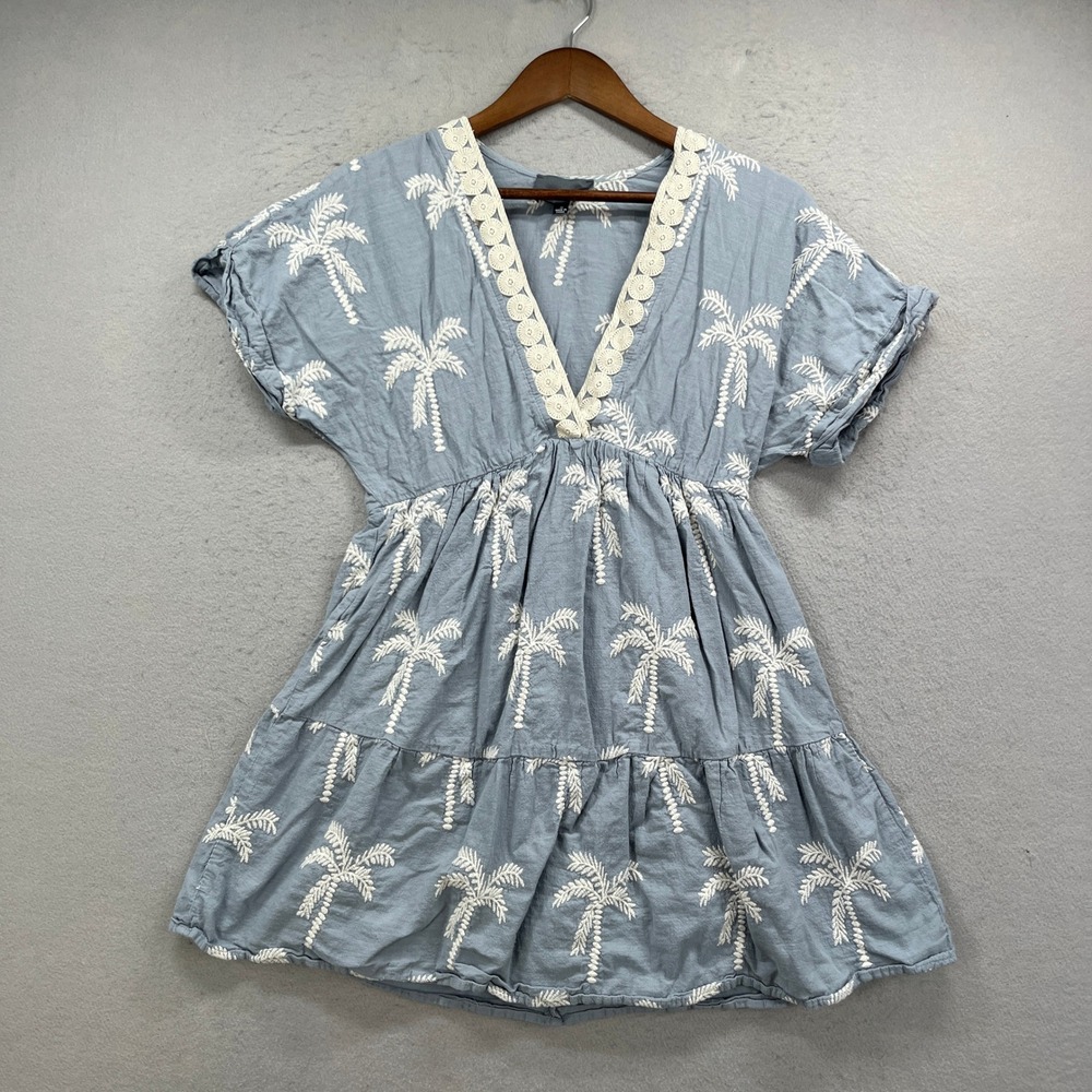 Hudson Gray Dress Womens S Blue Palm Tree Embroidered V-Neck Tropical Babydoll
